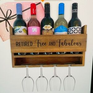 Giftagirl Wooden Retired Free and Fabulous Wine Bottle & Glasses Rack 15.7x9.5”